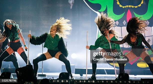 Leigh-Anne Pinnock, Perrie Edwards, Jade Thirlwall and Jesy Nelson of Little Mix peform live on stage at The O2 Arena on February 24, 2016 in London,...