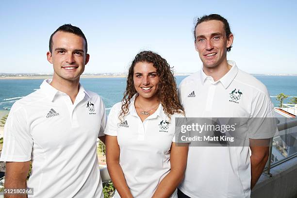 Lucien Delfour, Jessica Fox and Ian Borrows pose during the Australian Rio 2016 Olympic Games canoe slalom team announcement at Novotel Sydney on...