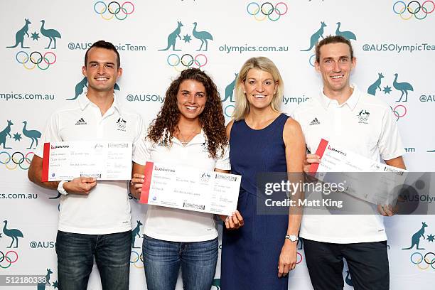 Lucien Delfour, Jessica Fox and Ian Borrows pose with Chef de Mission for Australia at the 2016 Summer Olympics Kitty Chiller during the Australian...