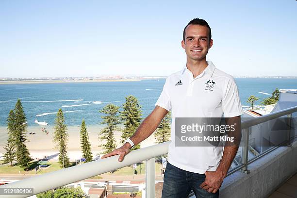 Lucien Delfour poses during the Australian Rio 2016 Olympic Games canoe slalom team announcement at Novotel Sydney on February 25, 2016 in Sydney,...