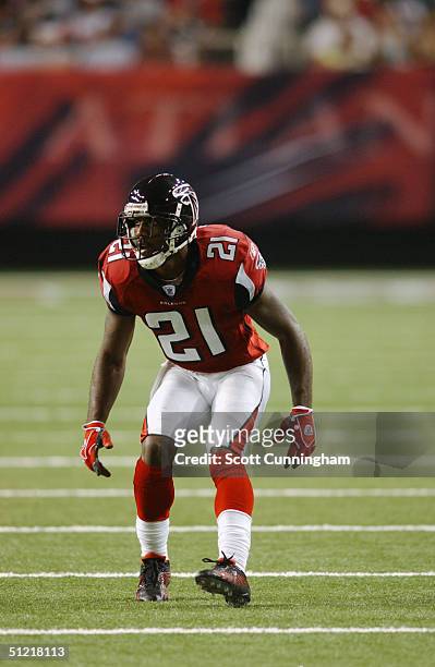 DeAngelo Hall of the Atlanta Falcons eyes the play against the Minnesota Vikings during the preseason NFL game on August 20, 2004 at The Georgia Dome...