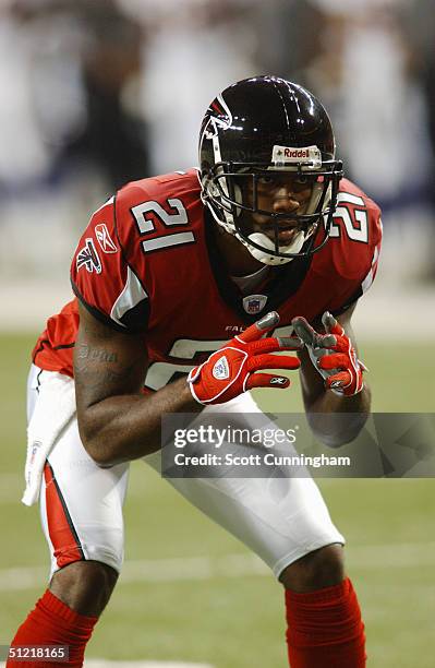 DeAngelo Hall of the Atlanta Falcons readies for the play against the Minnesota Vikings during the preseason NFL game on August 20, 2004 at The...