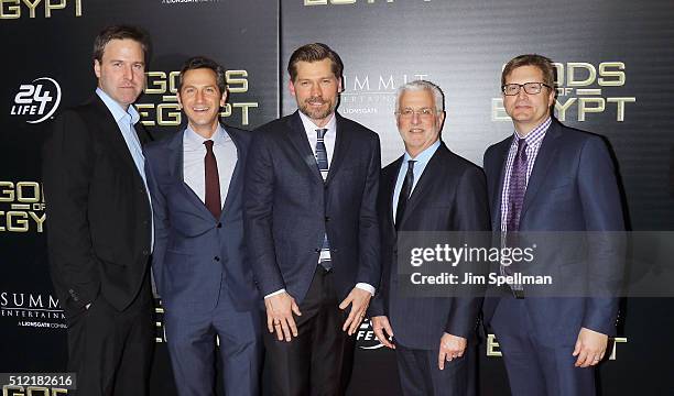 Producer Basil Iwanyk, Erik Feig, actor Nikolaj Coster-Waldau, Rob Friedman and Geoffrey Shaevitz attend the "Gods Of Egypt" New York premiere at AMC...