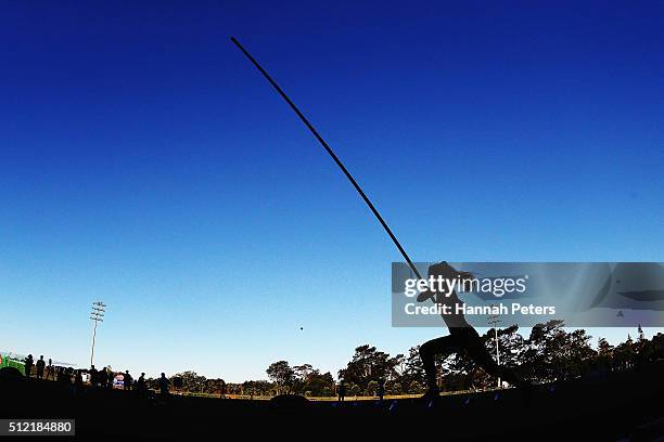 Eliza McCartney competes in the Women's Pole Vault final during the Auckland Track Challenge at The Trusts Arena on February 25, 2016 in Auckland,...