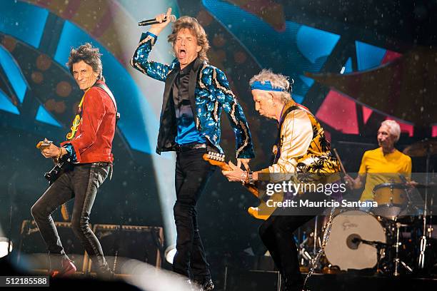 Rolling Stones performs live on stage at Morumbi Stadium on February 24, 2016 in Sao Paulo, Brazil.