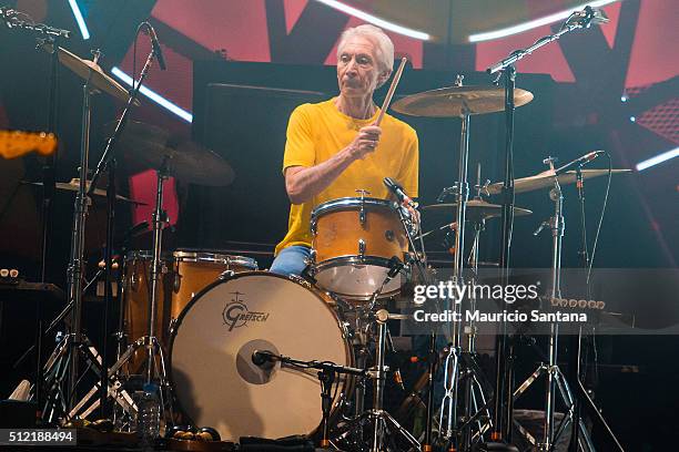 Charlie Watts of the band Rolling Stones performs live on stage at Morumbi Stadium on February 24, 2016 in Sao Paulo, Brazil.