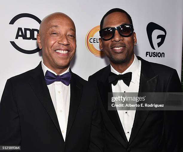 Producer Russell Simmons and actor Tony Rock attend the ALL Def Movie Awards at Lure Nightclub on February 24, 2016 in Hollywood, California.