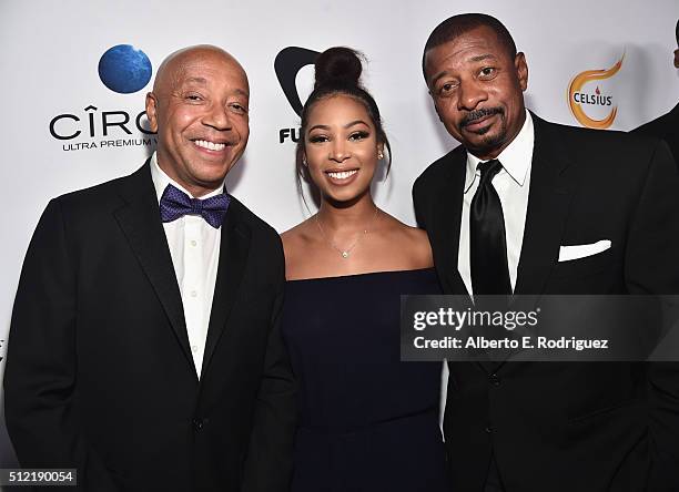 Producer Russell Simmons, Skye Townsend and actor/director Robert Townsend attend the ALL Def Movie Awards at Lure Nightclub on February 24, 2016 in...