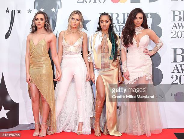 Jade Thirlwall, Perrie Edwards, Leigh-Anne Pinnock and Jesy Nelson from Little Mix attend the BRIT Awards 2016 at The O2 Arena on February 24, 2016...