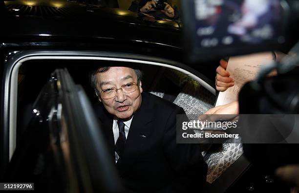 Kozo Takahashi, president of Sharp Corp., speaks to the media as he leaves the company's offices in Tokyo, Japan, on Thursday, Feb. 25, 2016....