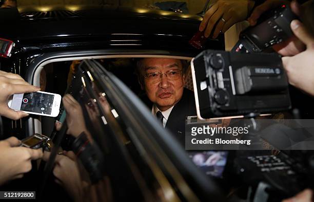 Kozo Takahashi, president of Sharp Corp., speaks to the media as he leaves the company's offices in Tokyo, Japan, on Thursday, Feb. 25, 2016....