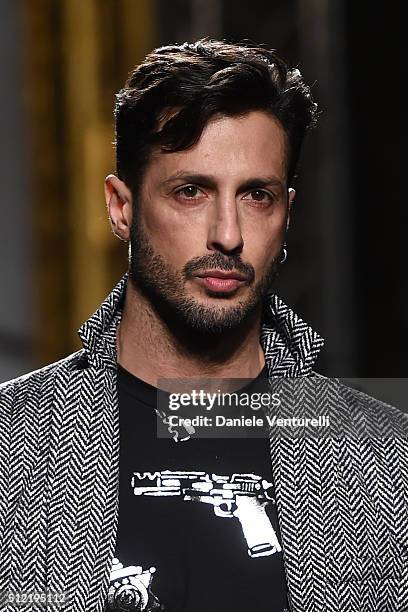 Fabrizio Corona walks the runway at the Roccobarocco show during Milan Fashion Week Fall/Winter 2016/17 on February 25, 2016 in Milan, Italy.