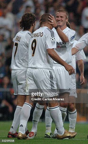 Raul, Ronaldo and David Beckham during the UEFA Champions League Qualifying match between Real Madrid and Wisla Krakow at The Bernabeu on August 25,...