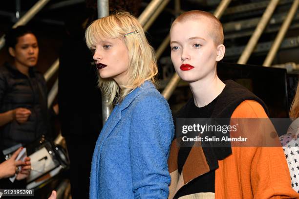 Model and Ruth Bell are seen backstage ahead of the Max Mara show during Milan Fashion Week Fall/Winter 2016/17 on February 25, 2016 in Milan, Italy.