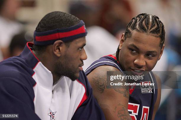 LeBron James and Carmelo Anthony on the bench during the second half of the men's basketball quarterfinal game against Spain on August 26, 2004...