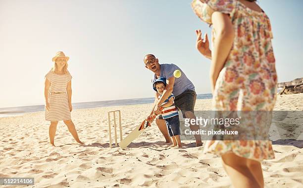 plan a fun day at the beach - playing cricket bildbanksfoton och bilder