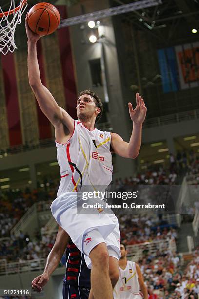 Pau Gasol of Spain goes to the basket against the USA during the mens' basketball quarterfinal game on August 26, 2004 during the Athens 2004 Summer...