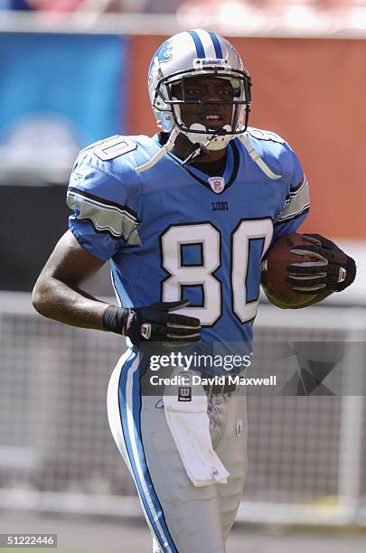 Wide receiver Charles Rogers of the Detroit Lions carries the ball during the NFL preseason game against the Cleveland Browns on August 21, 2004 at...