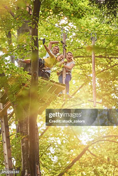 glücklich team im abenteuer park - hindernisparcours stock-fotos und bilder