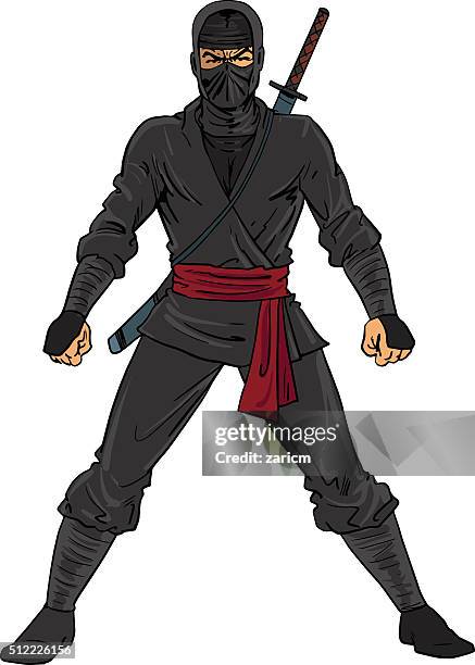 Ilustração Vetorial De Um Ninja De Desenho Animado Segurando Uma Espada.  Fundo Vermelho Com Um Círculo Branco. Roupa Preta. Royalty Free SVG,  Cliparts, Vetores, e Ilustrações Stock. Image 45343229