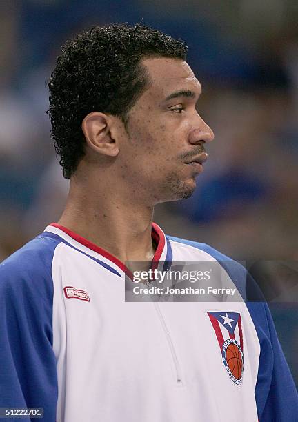 Peter John Ramos of Puerto Rico looks on from the bench in the first half of the men's basketball quarterfinal game on August 26, 2004 during the...