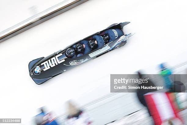 Nick Cunningham, Casey Wickline, James Reed and Samuel Michener from the United States of America in action during the Men's Four-Man Bobsleigh at...