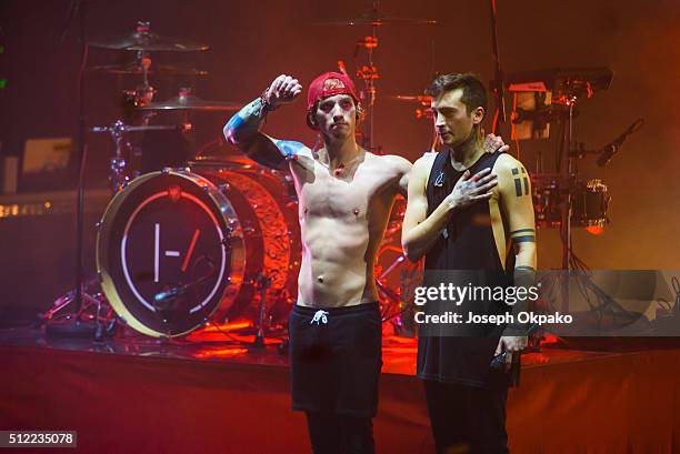 Josh Dun and Tyler Joseph of Twenty One Pilots perform at Brixton Academy on February 24, 2016 in London, England.