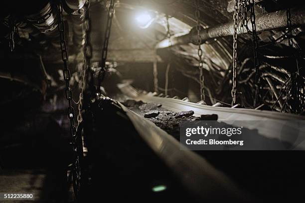 Conveyor belt transports coking coal mined from an underground seam in the Piniowek coal mine, operated by Jastrzebska Spolka Weglowa SA , in...