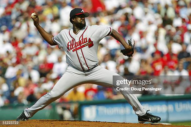 Antonio Alfonseca of the Atlanta Braves pitches during the game against the Philadelphia Phillies at the Citizens Bank Park on May 30, 2004 in...