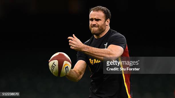 Wales player Jamie Roberts in action during the Wales captain's run ahead of their RBS Six Nations match against France at Principality Stadium on...