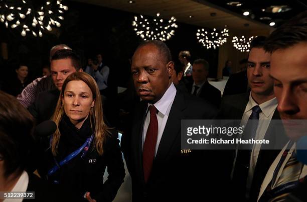 Acting FIFA President Issa Hayatou arrives for the UEFA XI Extraordinary Congress at the Swissotel on February 25, 2016 in Zurich, Switzerland. FIFA...