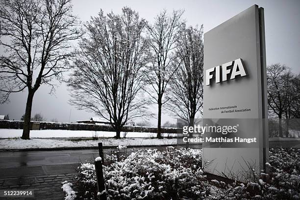 Logo seen near the headquarter Home of FIFA ahead of tomorrow's Extraordinary FIFA Congress to elect a new FIFA President at Hallenstadion on...