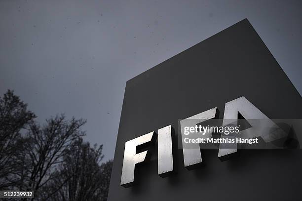 Logo seen near the headquarter Home of FIFA ahead of tomorrow's Extraordinary FIFA Congress to elect a new FIFA President at Hallenstadion on...