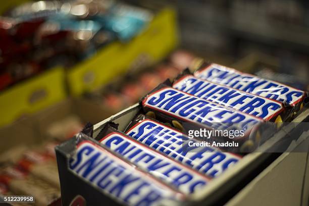 Snickers chocolate bars are seen at a market in Ankara, Turkey on February 25, 2016. American candy maker Mars announced Tuesday that it was...