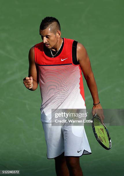 Nick Kyrgios of Australia celebrates during his quarter final match against Tomas Berdych of Czech Republic on day six of the ATP Dubai Duty Free...