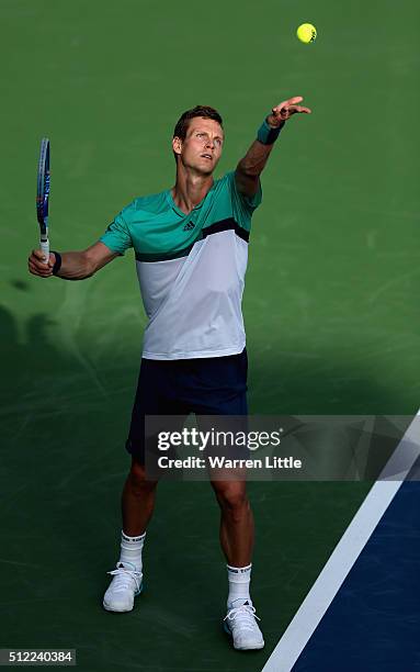 Tomas Berdych of Czech Republic in action during his quarter final match against Nick Kyrgios of Australia on day six of the ATP Dubai Duty Free...