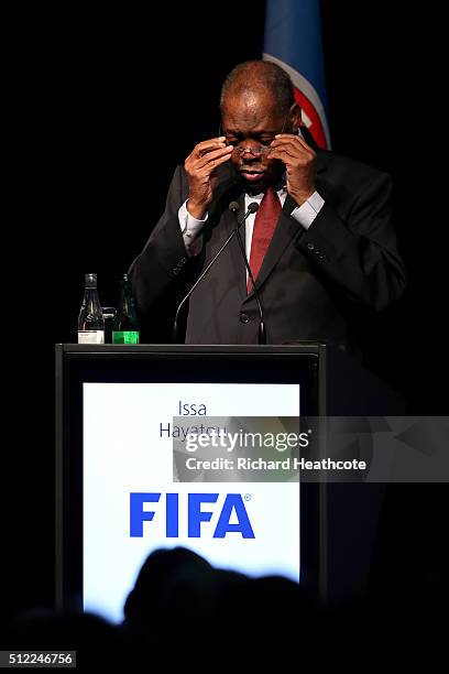 Acting FIFA President Issa Hayatou addresses the UEFA XI Extraordinary Congress at the Swissotel on February 25, 2016 in Zurich, Switzerland. FIFA...