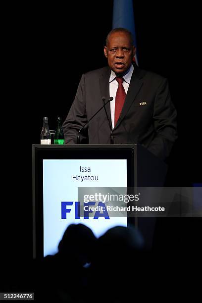 Acting FIFA President Issa Hayatou addresses the UEFA XI Extraordinary Congress at the Swissotel on February 25, 2016 in Zurich, Switzerland. FIFA...
