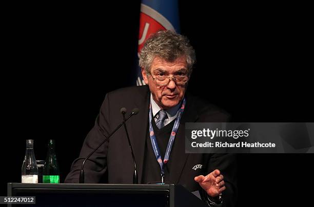 First Vice-President Angel Maria Villar Llona addresses the UEFA XI Extraordinary Congress at the Swissotel on February 25, 2016 in Zurich,...