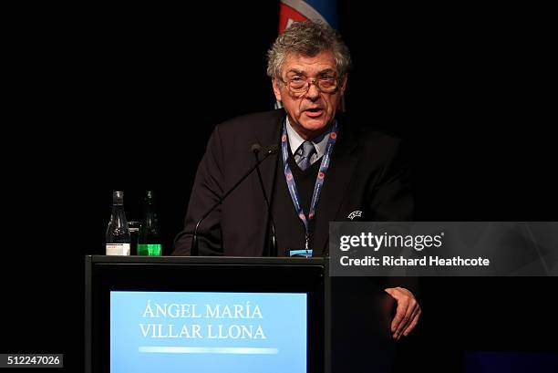 First Vice-President Angel Maria Villar Llona addresses the UEFA XI Extraordinary Congress at the Swissotel on February 25, 2016 in Zurich,...