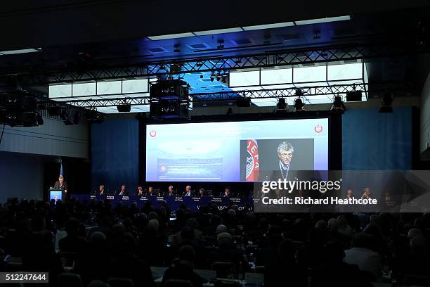 First Vice-President Angel Maria Villar Llona addresses the UEFA XI Extraordinary Congress at the Swissotel on February 25, 2016 in Zurich,...