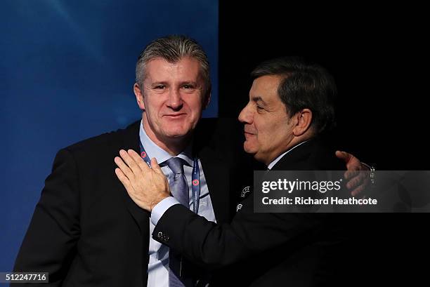 Davor Suker and Fernando Gomes during the UEFA XI Extraordinary Congress at the Swissotel on February 25, 2016 in Zurich, Switzerland. FIFA will hold...