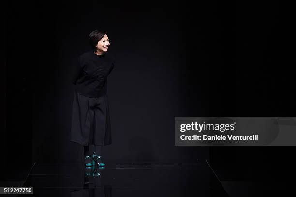 Designer Izumi Ogino acknowledges the applause of the audience at the Anteprima show during Milan Fashion Week Fall/Winter 2016/17 on February 25,...