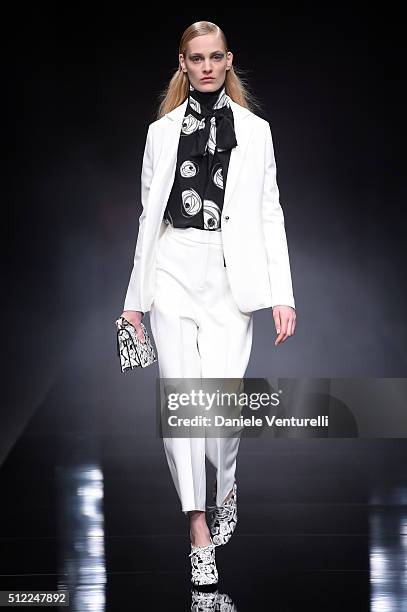 Model walks the runway at the Anteprima show during Milan Fashion Week Fall/Winter 2016/17 on February 25, 2016 in Milan, Italy.