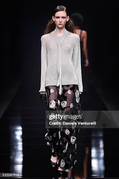 Model walks the runway at the Anteprima show during Milan Fashion Week Fall/Winter 2016/17 on February 25, 2016 in Milan, Italy.
