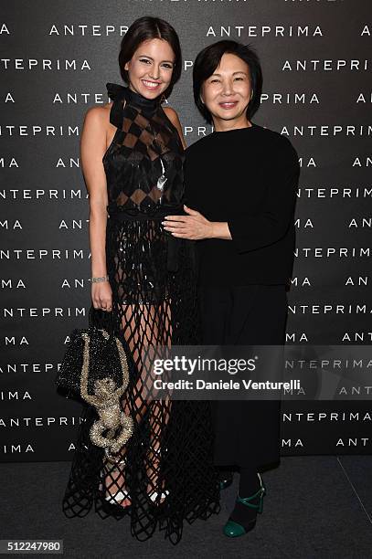 Rama Lila and designer Izumi Ogino attend the Anteprima show during Milan Fashion Week Fall/Winter 2016/17 on February 25, 2016 in Milan, Italy.