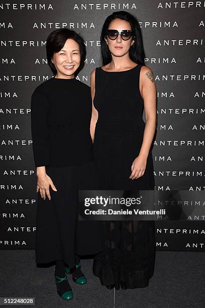 Designer Izumi Ogino and Gilda Koral Flora attend the Anteprima show during Milan Fashion Week Fall/Winter 2016/17 on February 25, 2016 in Milan,...