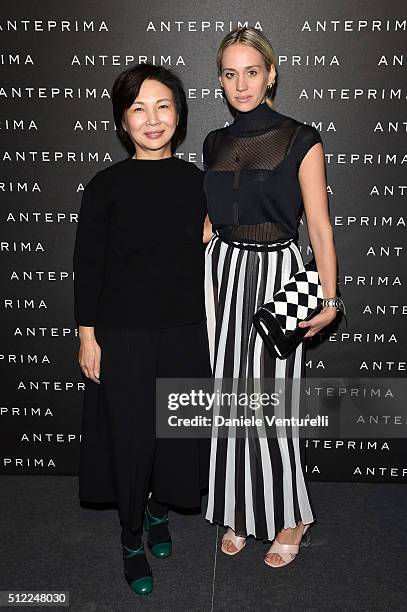 Designer Izumi Ogino and Rebecca Larsson attend the Anteprima show during Milan Fashion Week Fall/Winter 2016/17 on February 25, 2016 in Milan, Italy.