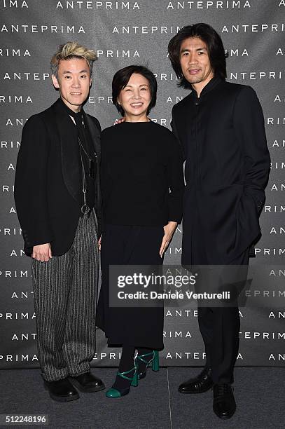 Artist Shinsuke Kawahara, designer Izumi Ogino and artist Tsuchida Yasuhiko attend the Anteprima show during Milan Fashion Week Fall/Winter 2016/17...