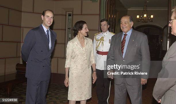 Prince Edward, Earl of Wessex, meets Her Exellency Marie Bashir, Governor of New South Wales with her husband Sir Nicholas Shehadie in Australia for...